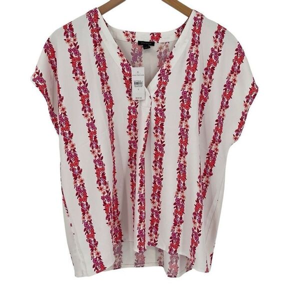 Ann Taylor V-Neck Blouse Short Cap Sleeve Floral Women Small Cream Red 607190 - Picture 1 of 5